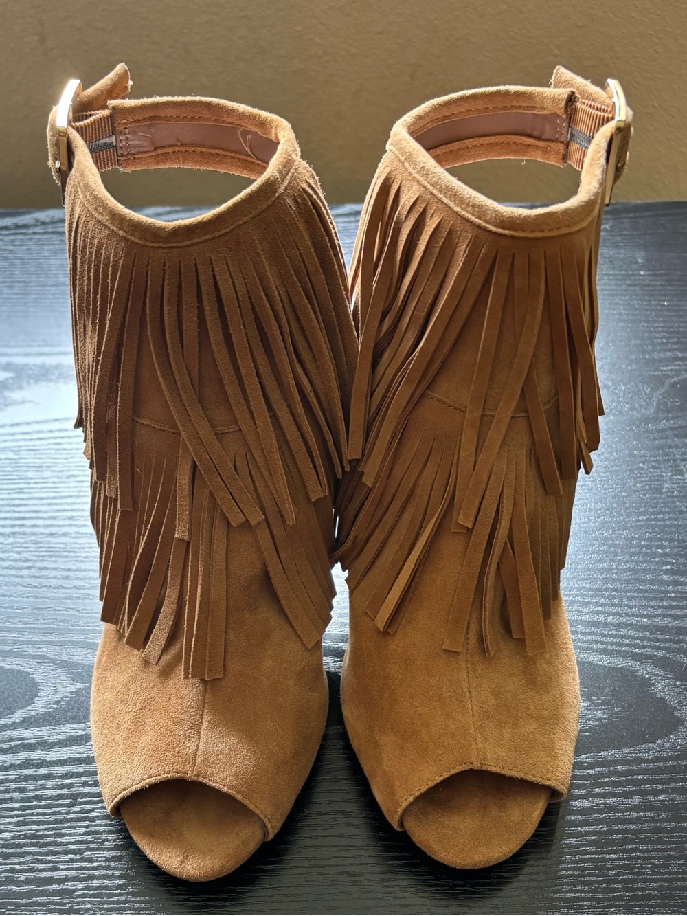 AEROSOLES Brown Suede Fringe Peep-Toe Heels
